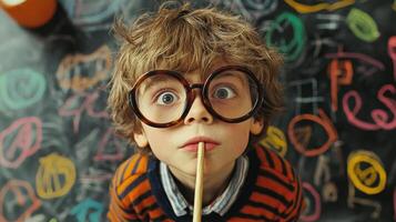 A young boy wearing glasses and holding a stick photo