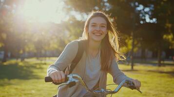 A smiling young woman riding a bicycle in a park photo