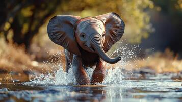 An elephant is walking through water photo