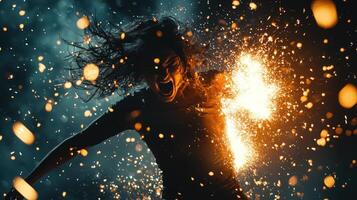 A woman is holding a sparkler in the dark photo
