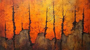 Vivid abstract artwork showcases a textured landscape dominated by bright orange and yellow tones. Cracked earth patterns and tree-like forms create a striking visual contrast photo