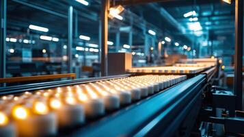 A busy production line operates in a factory during the evening, with bright lights illuminating items moving along a conveyor belt, showcasing industrial efficiency and technology photo