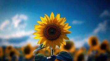 A sunflower is standing in front of a blue sky photo