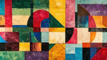 Brightly colored geometric shapes arranged in a bold abstract composition. The varied textures and colors create a lively and dynamic visual experience, perfect for modern spaces photo