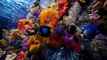 A stunning underwater ecosystem showcases a diverse coral reef filled with vibrant hues and various species of fish swimming gracefully amid swaying sea anemones photo