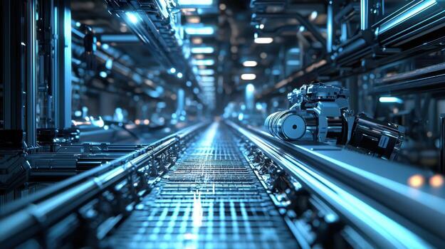 A long line of machinery in a factory photo