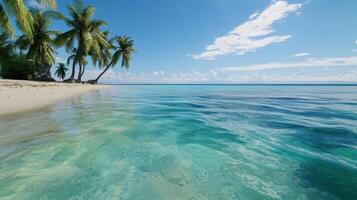 Gentle waves lap against the shore, revealing a serene tropical beach adorned with lush palm trees. The vibrant turquoise waters reflect the clear blue sky, creating a tranquil atmosphere photo