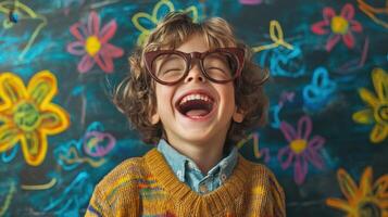 A young boy wearing glasses and smiling in front of a chalkboard photo