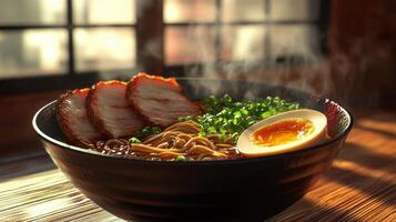 A bowl of ramen with meat and an egg photo