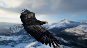 An eagle flying over a snowy mountain range photo
