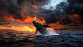 A whale jumping out of the water at sunset photo