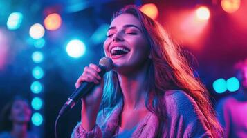 A woman singing into a microphone at a concert photo