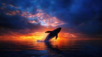 A whale jumping out of the water at sunset photo