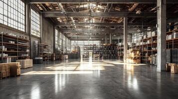 An industrial warehouse with lots of boxes and shelves photo