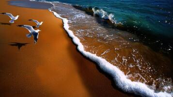 A group of seagulls flying over a beach photo
