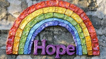 A colorful rainbow and the word hope on a stone wall photo