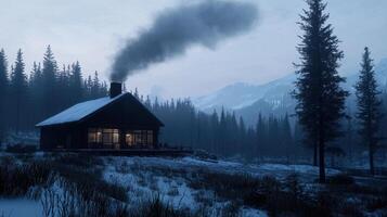 A cabin in the woods with smoke coming out of the chimney photo