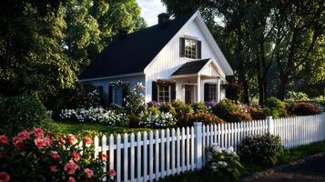 A small white house with flowers in front of it photo
