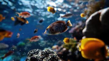 A colorful fish swims in an aquarium photo
