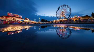 A carnival with a ferris wheel reflected in a puddle photo