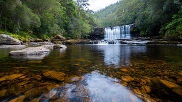 A waterfall in the middle of a forest with rocks and trees photo