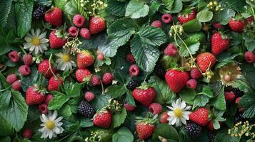 A bunch of strawberries and other berries are on the ground photo