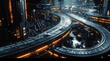 A futuristic city with a lot of lights and buildings photo