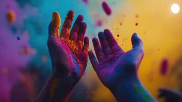 Two hands are covered in colored powder photo