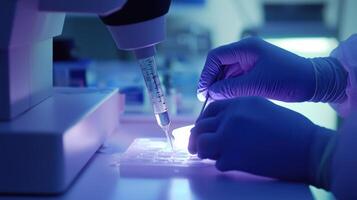A person in a lab coat is working on a microscope photo