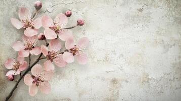 A branch of pink flowers on a wall photo