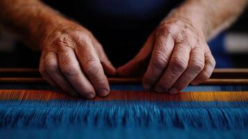 A man's hands are weaving a blue and yellow cloth photo