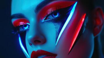 A woman with neon makeup and neon lights photo