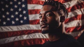 A man with dreadlocks is standing in front of an american flag photo
