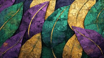 A colorful abstract painting of leaves with gold and purple colors photo