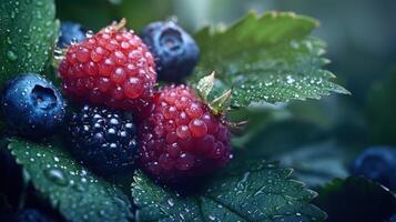 Raspberries and blueberries are on a leaf photo