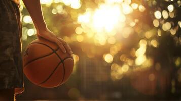 A person holding a basketball in front of a sun photo
