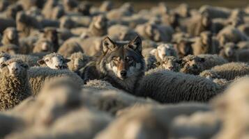 Wolf in a flock of sheep photo