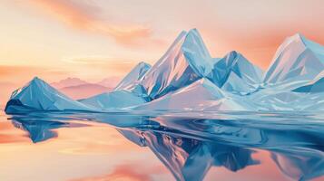 3d rendering of icebergs in the ocean at sunset photo