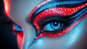 A woman's eye with a red and blue makeup photo