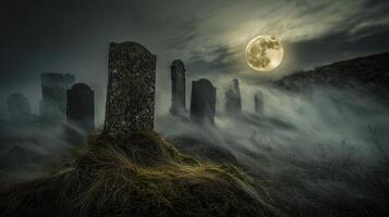 A graveyard with tombstones and a full moon photo