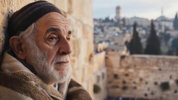An elderly man in a scarf and hat looking out over the city photo