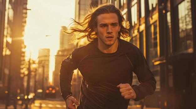 A man running in the city at sunset photo