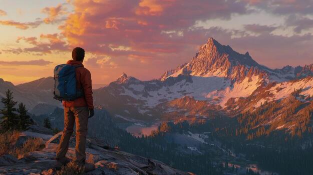 A man with a backpack stands on a mountain top at sunset photo