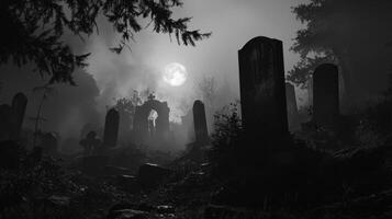 A cemetery with tombstones and trees at night photo