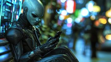 Alien man sitting on a bench with his phone photo