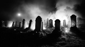 A graveyard with tombstones and smoke photo