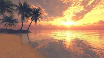 A tropical beach scene with palm trees and the sun setting photo