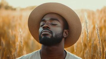 A man with a hat in a field photo