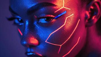 A woman with neon makeup and neon lights photo