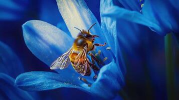 A bee is on a blue flower with pollen photo
